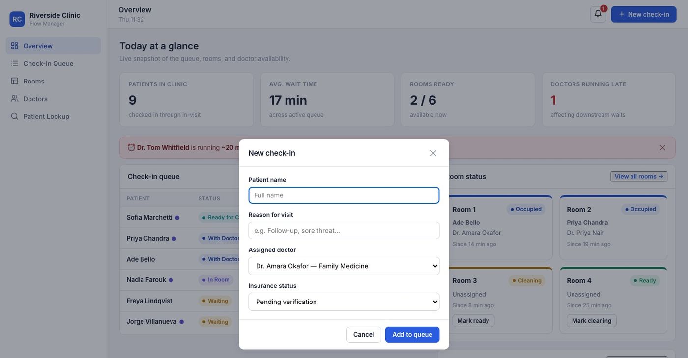 New check-in modal with patient name, reason for visit, assigned doctor, and insurance status fields