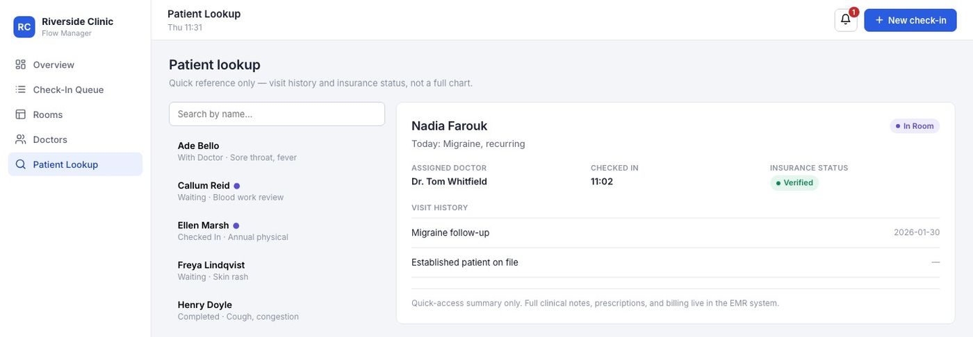 Patient lookup panel showing today's reason for visit, assigned doctor, insurance status, and prior visit history for a returning patient