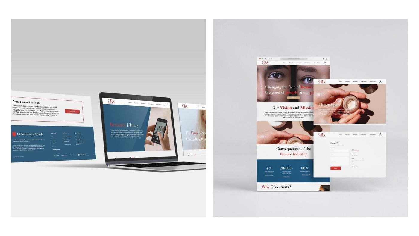 The finished Global Beauty Agenda site shown across a laptop and several browser mockups, including the homepage, Citizen Space and Contact page